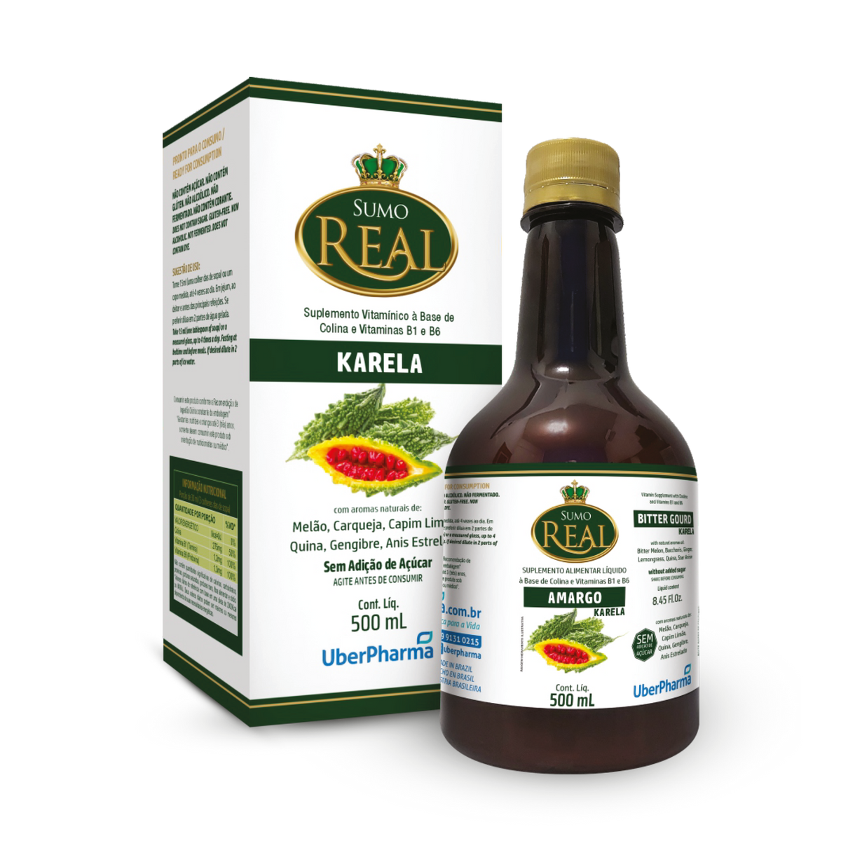 Frasco âmbar e cartucho original do Sumo Real Karela de 500 ml